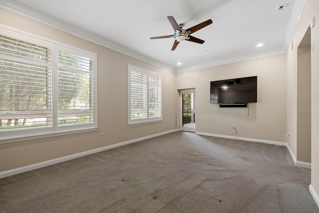 1000 Village Center Dr Unit 103, Burr Ridge, IL 60527 - unfurnished living room featuring carpet, ceiling fan, crown molding, and recessed lighting
