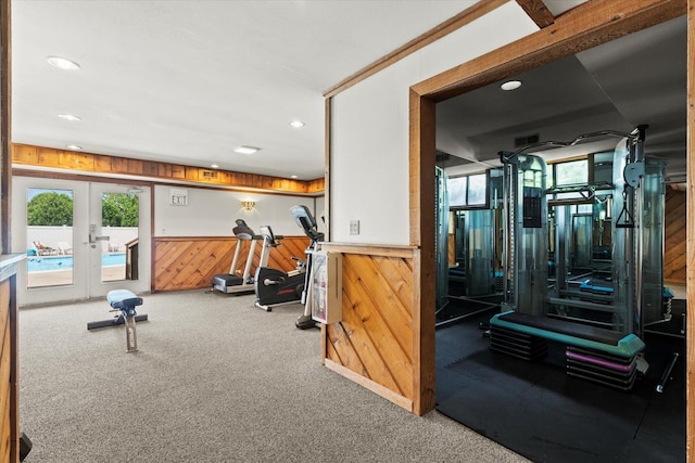 920 Vose Dr Unit 612, Gurnee, IL 60031 - gym featuring wooden walls, french doors, wainscoting, carpet floors, and recessed lighting