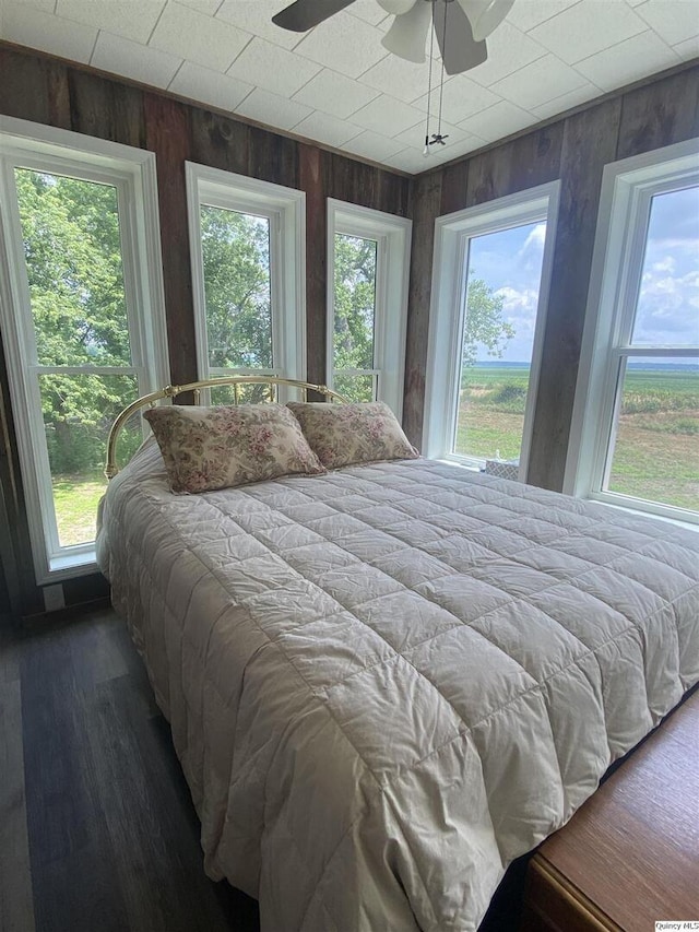110 E County Rd 150, Warsaw, IL 62379 - bedroom featuring wood walls, dark wood-type flooring, and a ceiling fan