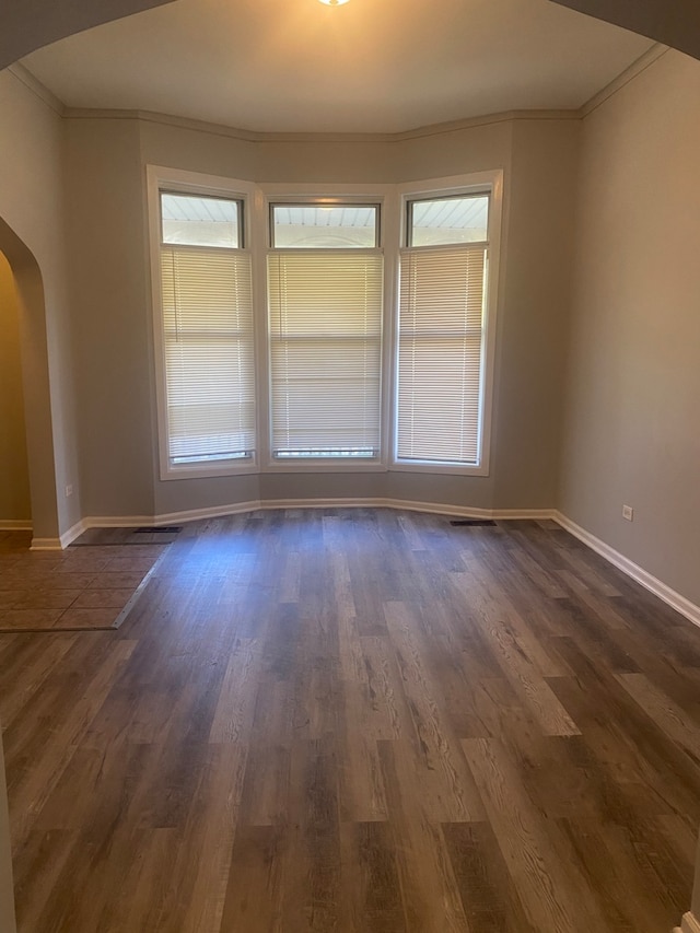 537 W 61st Pl, Chicago, IL 60621 - unfurnished room with arched walkways, ornamental molding, dark wood-type flooring, and healthy amount of natural light
