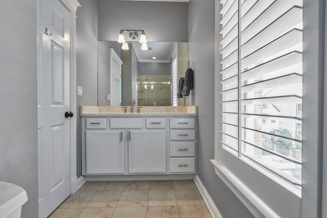 1501 W Diversey Pkwy Unit B, Chicago, IL 60614 - full bathroom with marble finish flooring, a shower stall, vanity, and ornamental molding