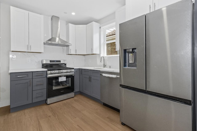6155 W Cornelia Ave, Chicago, IL 60634 - kitchen with appliances with stainless steel finishes, wall chimney range hood, gray cabinetry, light wood-style floors, and white cabinets