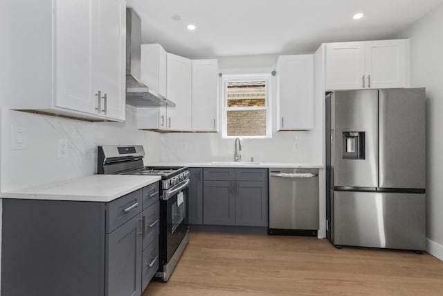 6155 W Cornelia Ave, Chicago, IL 60634 - kitchen with stainless steel appliances, wall chimney exhaust hood, gray cabinets, white cabinets, and light countertops