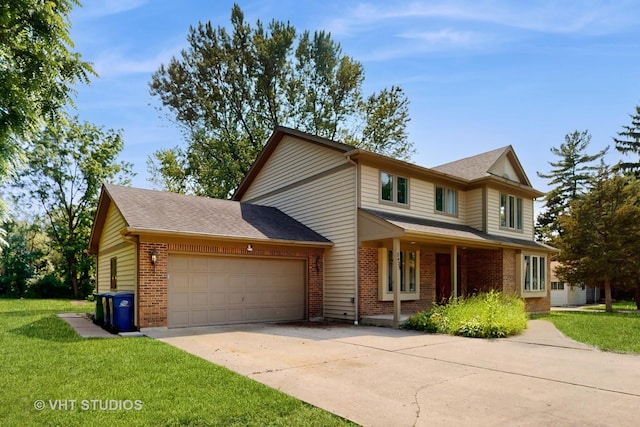 3425 Woodlawn Ave, Gurnee, IL 60031 - traditional-style house with brick siding, a garage, driveway, a front yard, and a shingled roof