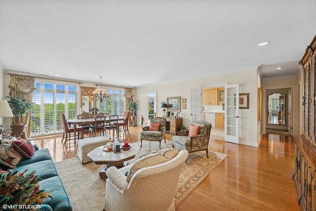 820 Weidner Rd Unit 409, Buffalo Grove, IL 60089 - living area featuring ornamental molding, light wood-style flooring, a chandelier, recessed lighting, and french doors