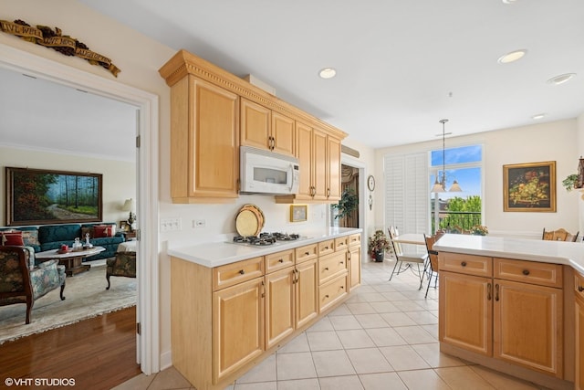 820 Weidner Rd Unit 409, Buffalo Grove, IL 60089 - kitchen with white appliances, light countertops, light tile patterned floors, pendant lighting, and recessed lighting