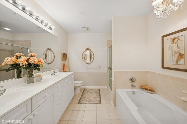 820 Weidner Rd Unit 409, Buffalo Grove, IL 60089 - full bathroom with tile patterned flooring, a bath, a stall shower, double vanity, and a chandelier