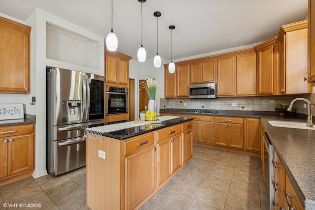 4345 Gladstone Dr, Lake In The Hills, IL 60156 - kitchen with appliances with stainless steel finishes, backsplash, a center island, hanging light fixtures, and brown cabinetry