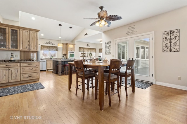 49W695 Hinckley Rd, Big Rock, IL 60511 - dining space with light wood finished floors, a ceiling fan, french doors, lofted ceiling, and recessed lighting