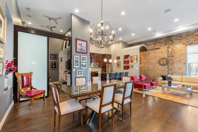 2411 W Walton St Unit 2B, Chicago, IL 60622 - dining area with a chandelier, dark wood-style floors, recessed lighting, arched walkways, and ceiling fan