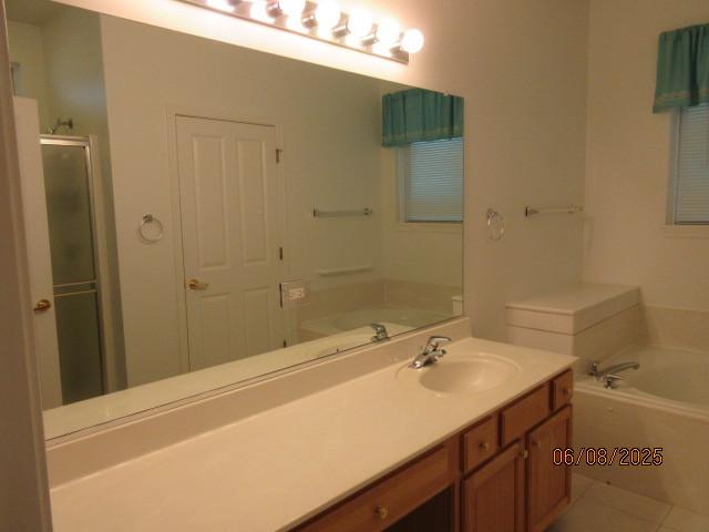 13005 Big Horn Dr, Huntley, IL 60142 - bathroom featuring a bath, vanity, and a shower stall