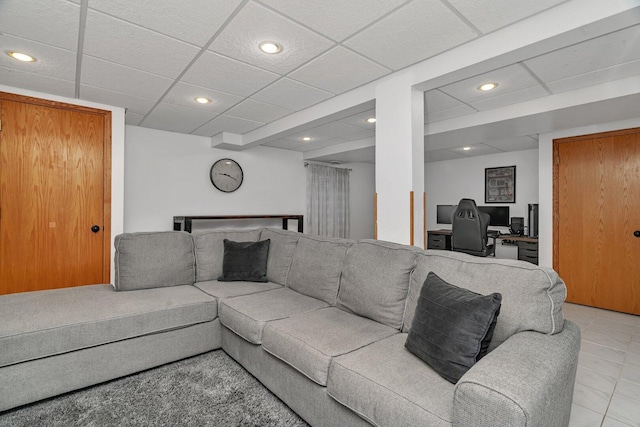 512 Creekside Cir, Minooka, IL 60447 - living area with an office area, recessed lighting, light tile patterned floors, and a paneled ceiling