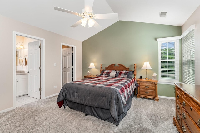 4115 Dalewood Dr, Plainfield, IL 60586 - carpeted bedroom with vaulted ceiling, ceiling fan, and ensuite bath