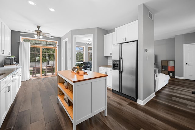 8033 Nielsen Dr, Tinley Park, IL 60477 - kitchen featuring stainless steel fridge with ice dispenser, dark wood-style flooring, white cabinets, recessed lighting, and a center island