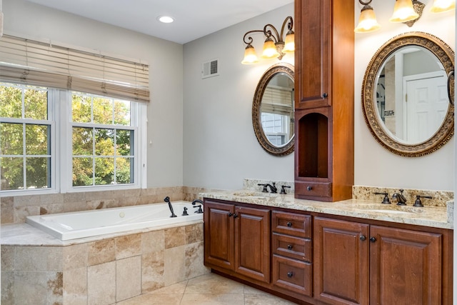 923 Christa Ct, Elk Grove Village, IL 60007 - full bathroom with double vanity, a garden tub, tile patterned floors, and recessed lighting