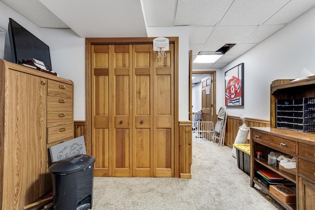 923 Christa Ct, Elk Grove Village, IL 60007 - bedroom featuring light carpet, a wainscoted wall, a drop ceiling, and wooden walls
