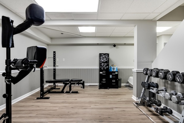 923 Christa Ct, Elk Grove Village, IL 60007 - exercise area featuring wood finished floors, a paneled ceiling, and wainscoting