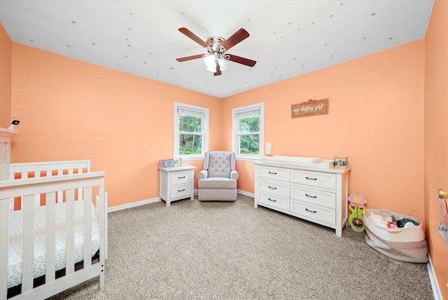 9111 Memory Trl, Wonder Lake, IL 60097 - bedroom featuring light colored carpet, a crib, and a ceiling fan