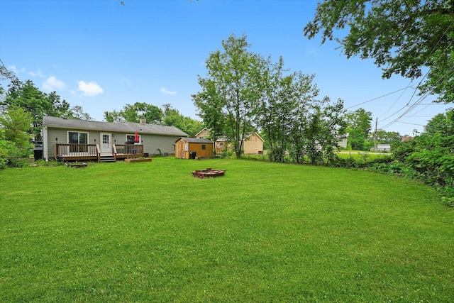 9111 Memory Trl, Wonder Lake, IL 60097 - view of grassy yard with a fire pit, a wooden deck, and a shed