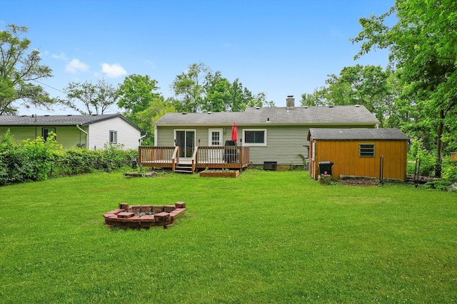 9111 Memory Trl, Wonder Lake, IL 60097 - back of house with an outdoor fire pit, a deck, a lawn, and a chimney