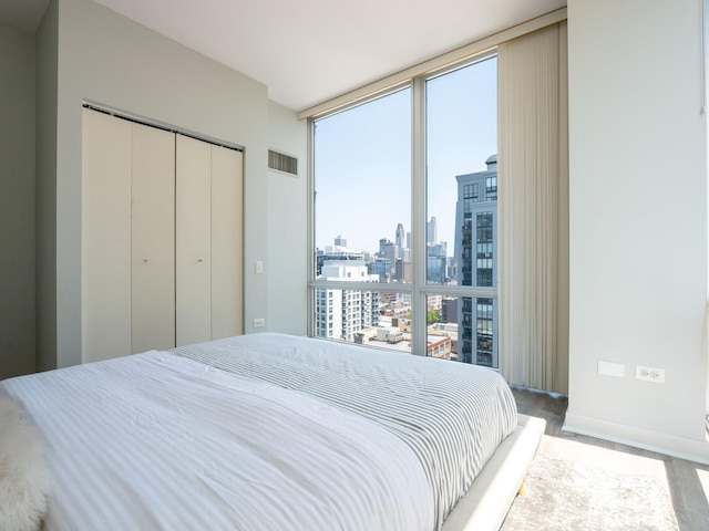 653 N Kingsbury St Unit 1707, Chicago, IL 60654 - carpeted bedroom featuring a view of skyline, floor to ceiling windows, and a closet