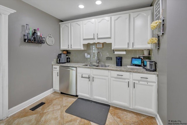 8246 N Applewood Ct, Hanover Park, IL 60133 - kitchen featuring dishwasher, white cabinetry, decorative backsplash, light stone counters, and recessed lighting