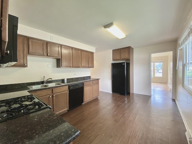 234 Tahoe Dr, Chicago Heights, IL 60411 - kitchen with black appliances, dark wood-style floors, and dark stone counters