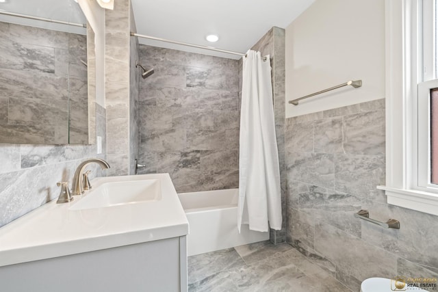 8207 S Laflin St, Chicago, IL 60620 - bathroom with tile walls, vanity, shower / bath combo with shower curtain, and recessed lighting