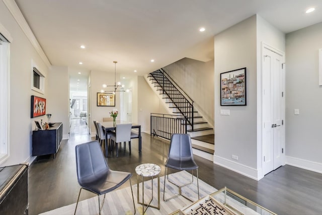 2131 W Huron St, Chicago, IL 60612 - living area with wood finished floors, stairway, recessed lighting, and a chandelier