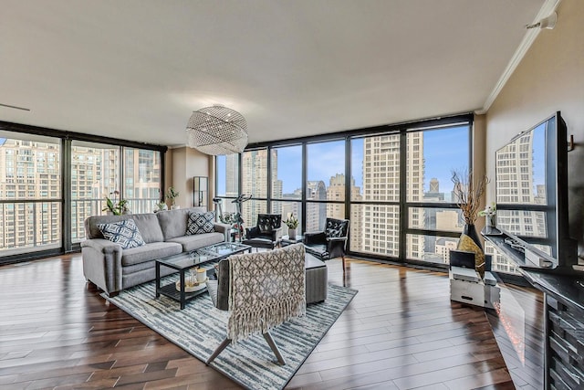 10 E Ontario St Unit 4808, Chicago, IL 60611 - living room featuring a wall of windows, ornamental molding, and wood finished floors