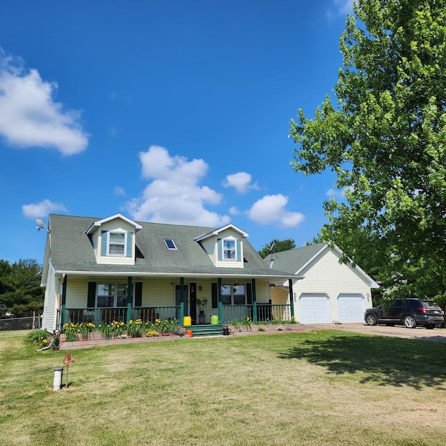 3883 E 2050th Rd, Serena, IL 60549 - cape cod-style house with a porch, a front lawn, an attached garage, driveway, and roof with shingles