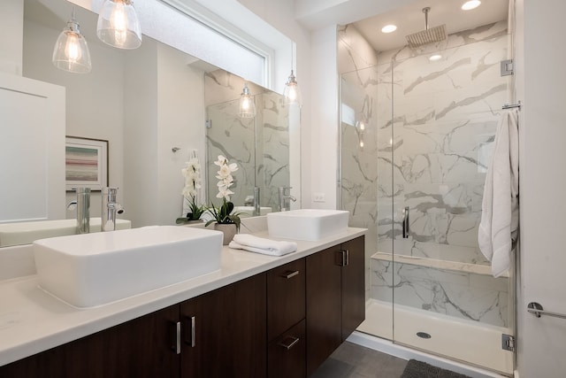 1415 W Walton St Unit 3, Chicago, IL 60642 - full bath with a marble finish shower, double vanity, and recessed lighting