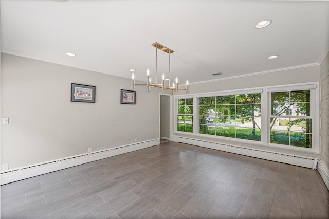 32 Greencroft Dr, Champaign, IL 61821 - spare room featuring baseboard heating, crown molding, a chandelier, and recessed lighting