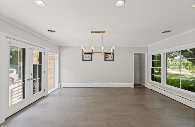 32 Greencroft Dr, Champaign, IL 61821 - unfurnished dining area featuring a baseboard radiator, baseboard heating, french doors, ornamental molding, and a chandelier