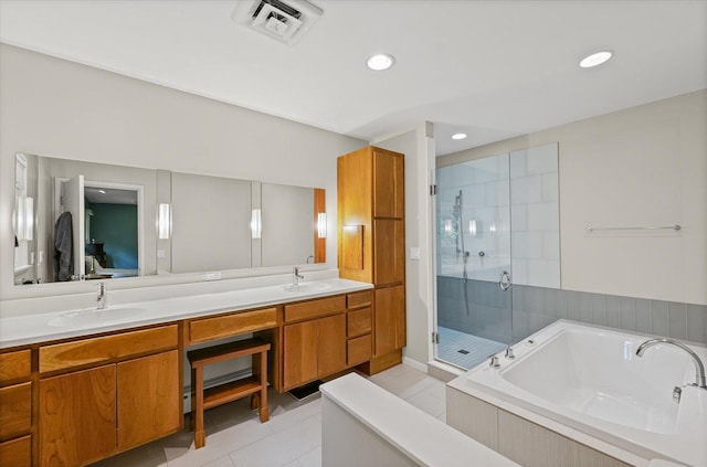 32 Greencroft Dr, Champaign, IL 61821 - full bathroom with a bath, a shower stall, double vanity, recessed lighting, and tile patterned flooring