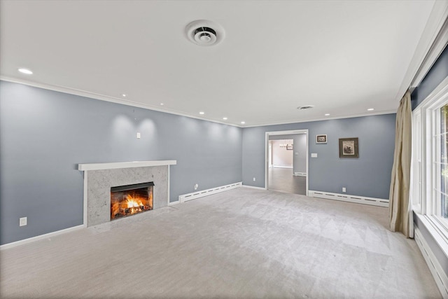 32 Greencroft Dr, Champaign, IL 61821 - unfurnished living room with a baseboard heating unit, a fireplace, recessed lighting, carpet floors, and ornamental molding