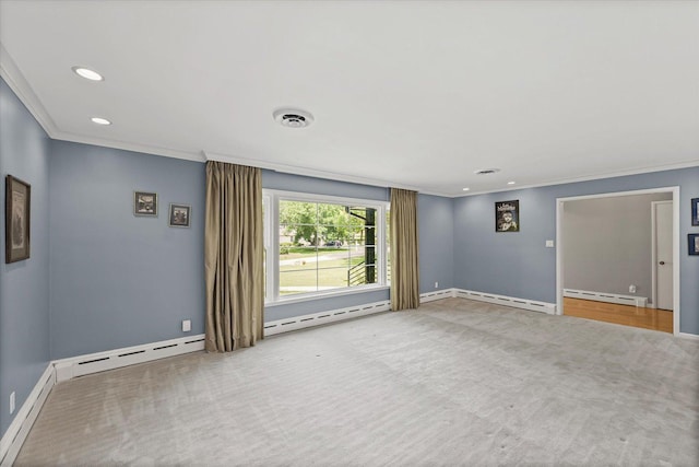 32 Greencroft Dr, Champaign, IL 61821 - empty room featuring ornamental molding, baseboard heating, carpet, a baseboard heating unit, and recessed lighting