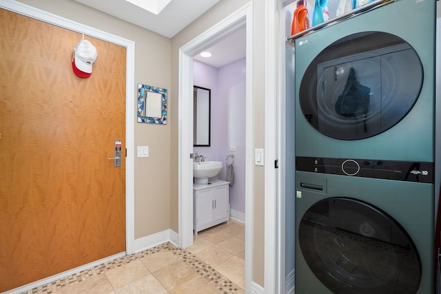 600 N Lake Shore Dr Unit 814, Chicago, IL 60611 - washroom with stacked washer / dryer, light tile patterned floors, and recessed lighting