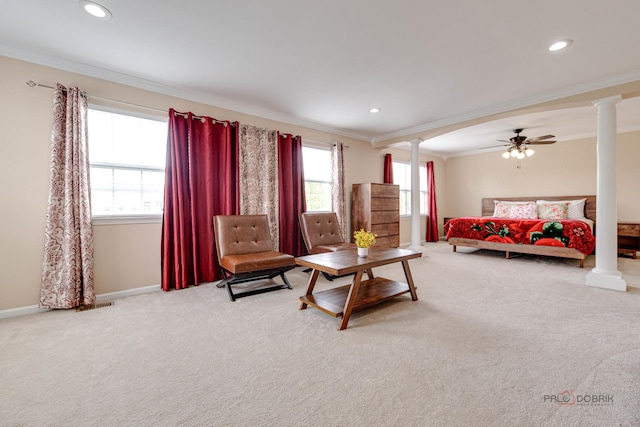 337A Veronica Cir, Bartlett, IL 60103 - carpeted living area with ornamental molding, ornate columns, recessed lighting, and a ceiling fan