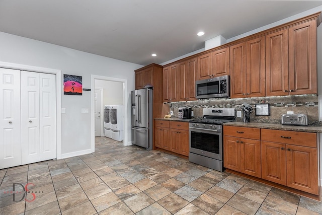 1661 Locust Rd, Morris, IL 60450 - kitchen with stainless steel appliances, brown cabinets, backsplash, and recessed lighting