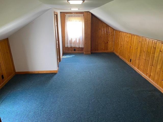 207 N Putnam St, Lostant, IL 61334 - bonus room featuring lofted ceiling, wooden walls, and carpet floors
