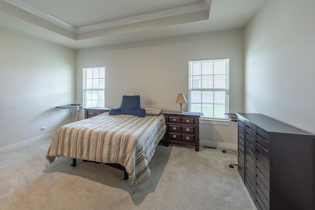 2107 Traemore Ln, New Lenox, IL 60451 - bedroom featuring light colored carpet, a tray ceiling, and ornamental molding