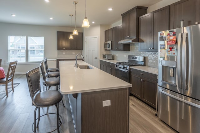 2107 Traemore Ln, New Lenox, IL 60451 - kitchen with appliances with stainless steel finishes, under cabinet range hood, a kitchen breakfast bar, light wood finished floors, and dark brown cabinets