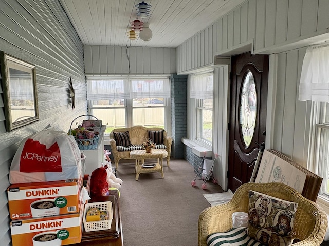 1112 W Wilmington-Peotone Rd, Peotone, IL 60468 - sunroom featuring a ceiling fan, wood walls, carpet, and wooden ceiling