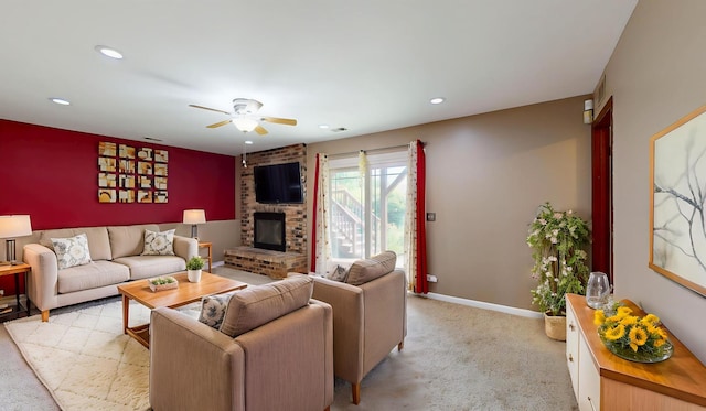 1005 N Dovington Dr, Hoffman Estates, IL 60169 - living room featuring a ceiling fan, light carpet, a fireplace, and recessed lighting