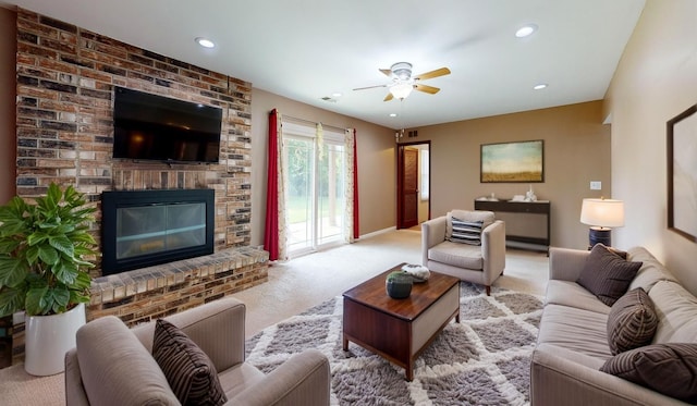 1005 N Dovington Dr, Hoffman Estates, IL 60169 - carpeted living area featuring ceiling fan, a fireplace, and recessed lighting
