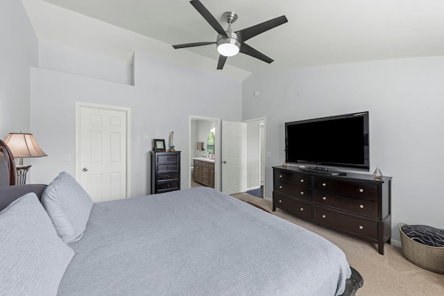 2503 Red Hawk Ridge Ct, Aurora, IL 60503 - bedroom with light carpet, a ceiling fan, high vaulted ceiling, and ensuite bath
