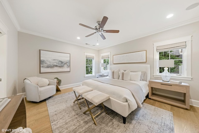 606 S Washington St, Hinsdale, IL 60521 - bedroom featuring light wood-style floors, ornamental molding, a ceiling fan, and recessed lighting