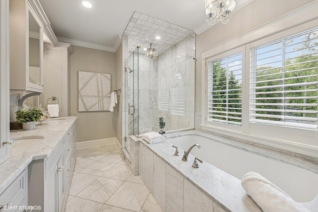 606 S Washington St, Hinsdale, IL 60521 - full bathroom featuring a shower stall, a garden tub, ornamental molding, marble finish floors, and double vanity
