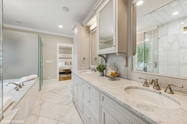 606 S Washington St, Hinsdale, IL 60521 - ensuite bathroom featuring ornamental molding, double vanity, a shower stall, a garden tub, and recessed lighting